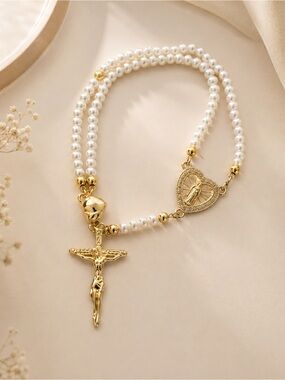 Gold & White Pearl Rosary Bracelet with Crucifix